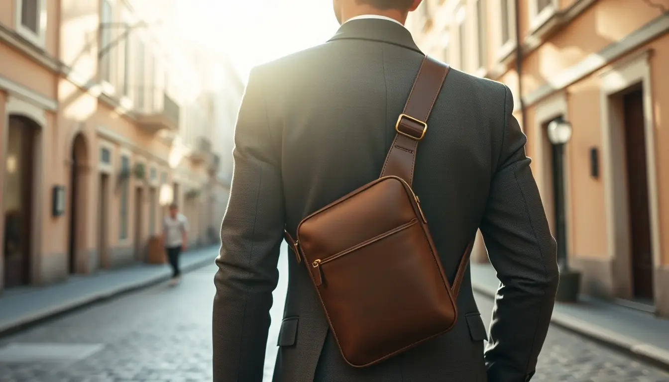 Uomo elegante con borsello uomo pelle marrone in una strada urbana soleggiata