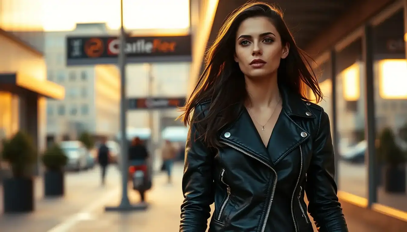 Donna con chiodo in pelle nera borchiato in un contesto urbano moderno