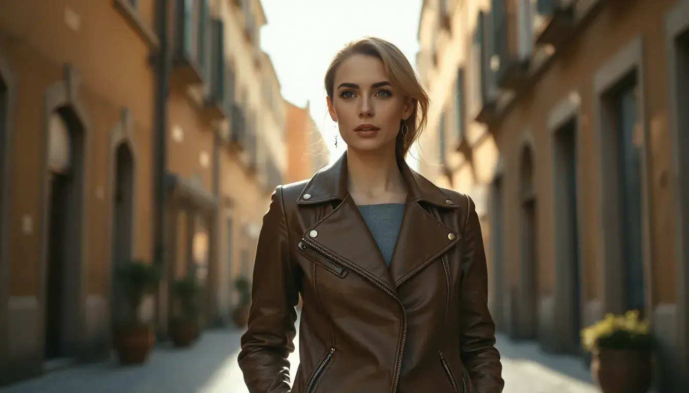 Donna elegante con giacca donna pelle marrone in una via storica italiana