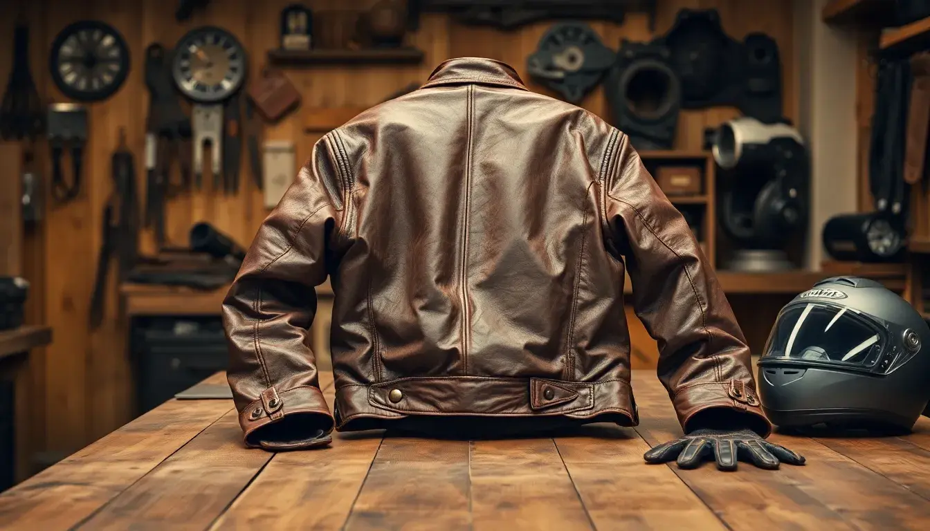 Giacca moto in pelle nera su tavolo da officina con protezioni e guanti vintage