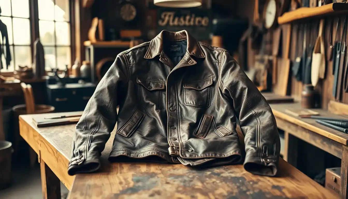 Giacca moto pelle vintage marrone su un banco da lavoro artigianale in legno