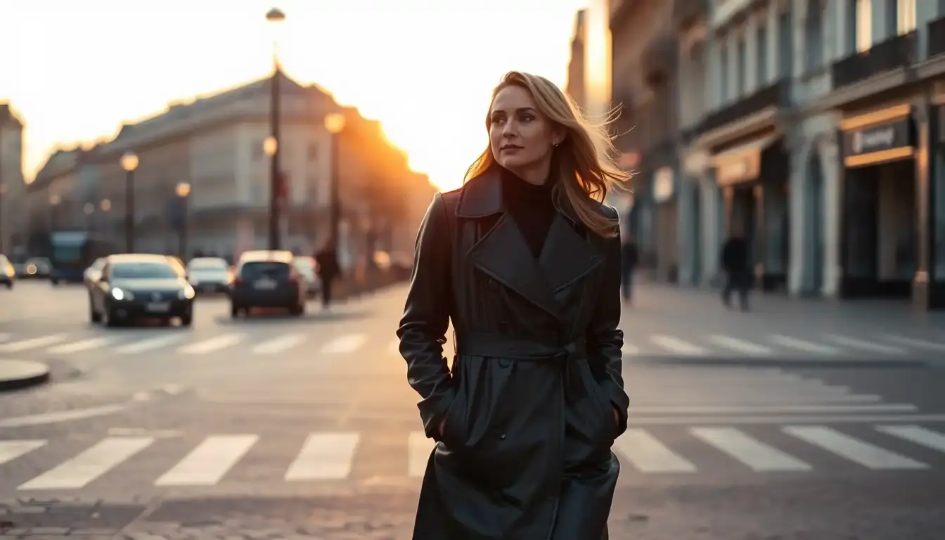 Donna elegante con giubbotto in pelle nero di alta qualità in una strada cittadina