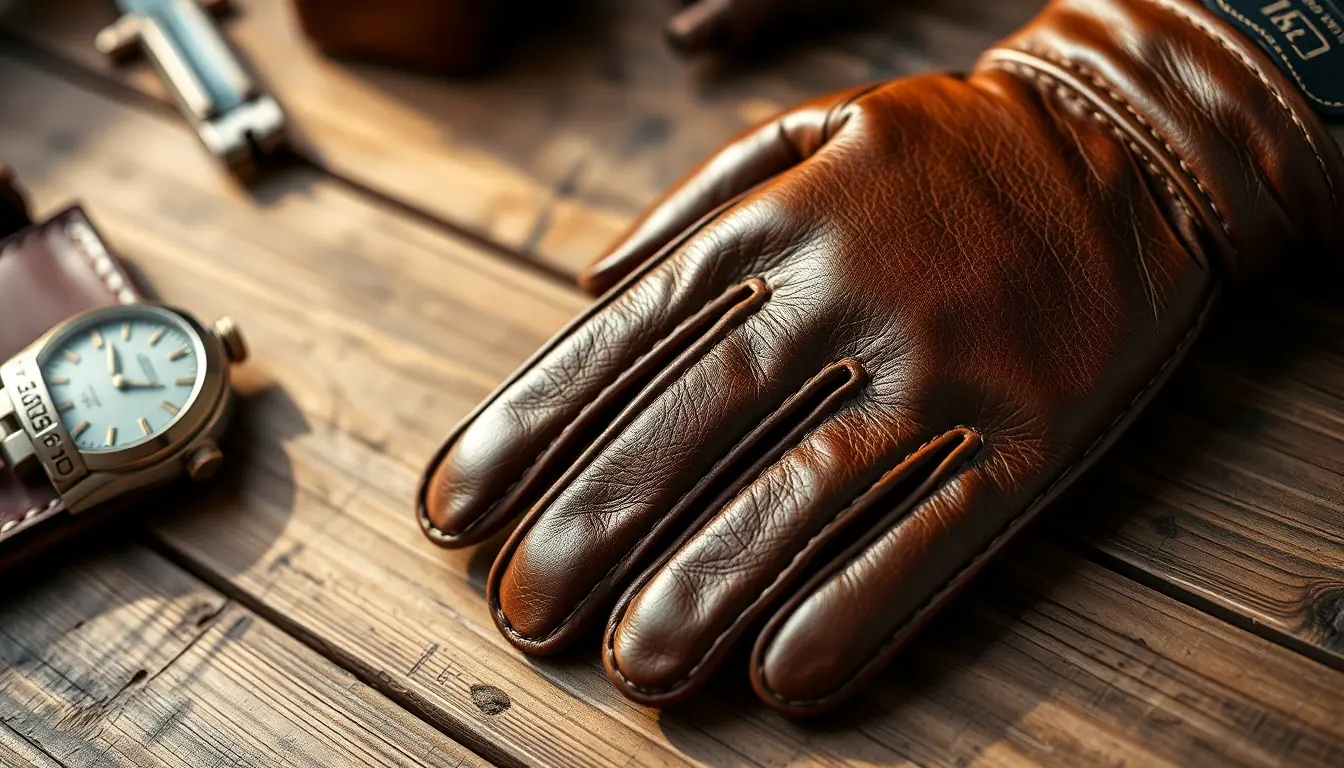 Eleganti guanti in pelle uomo appoggiati su un tavolo di legno antico