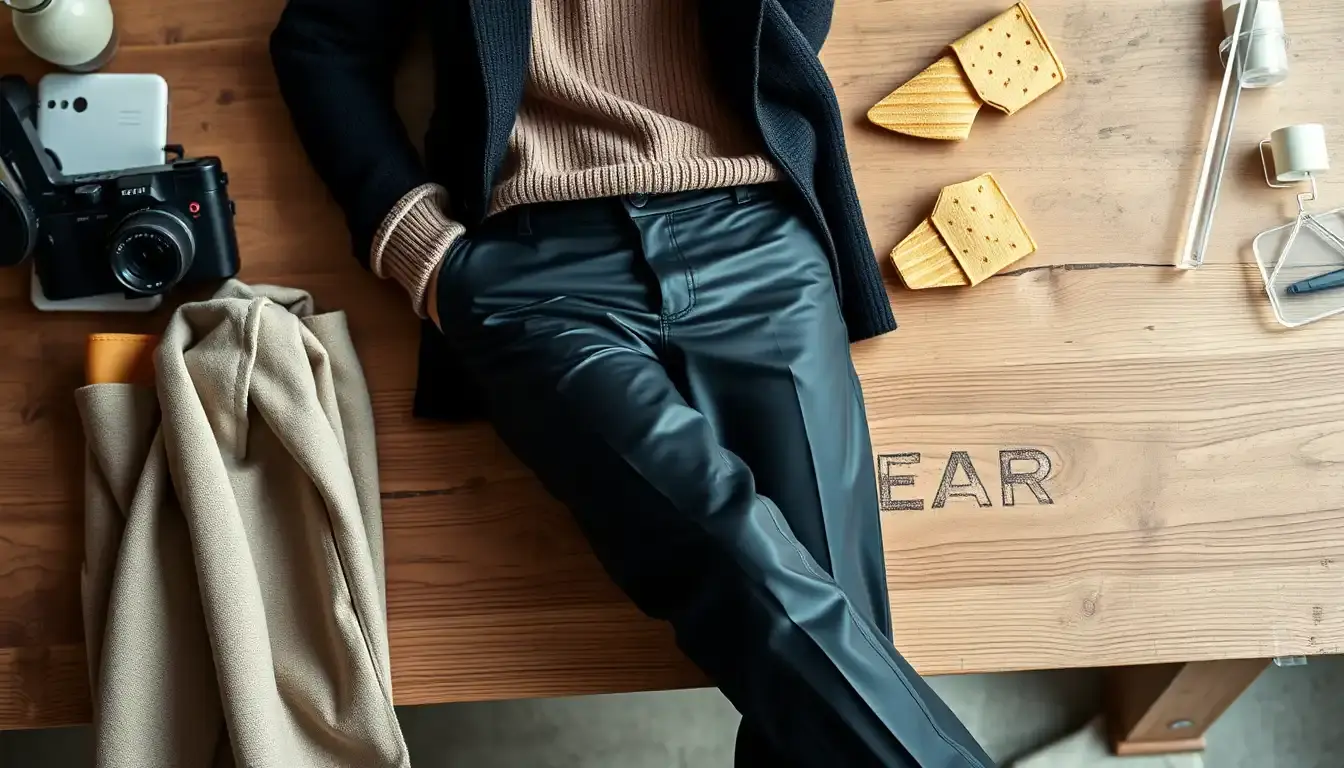 Pantaloni di pelle nera slim-fit abbinati a capi autunnali su sfondo legno