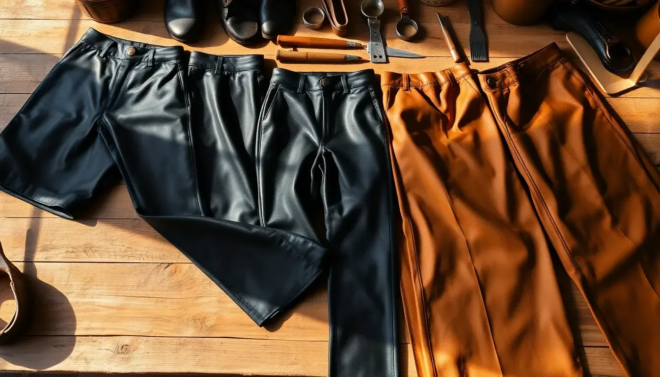 Pantaloni in pelle di vari stili disposti su un tavolo di legno artigianale
