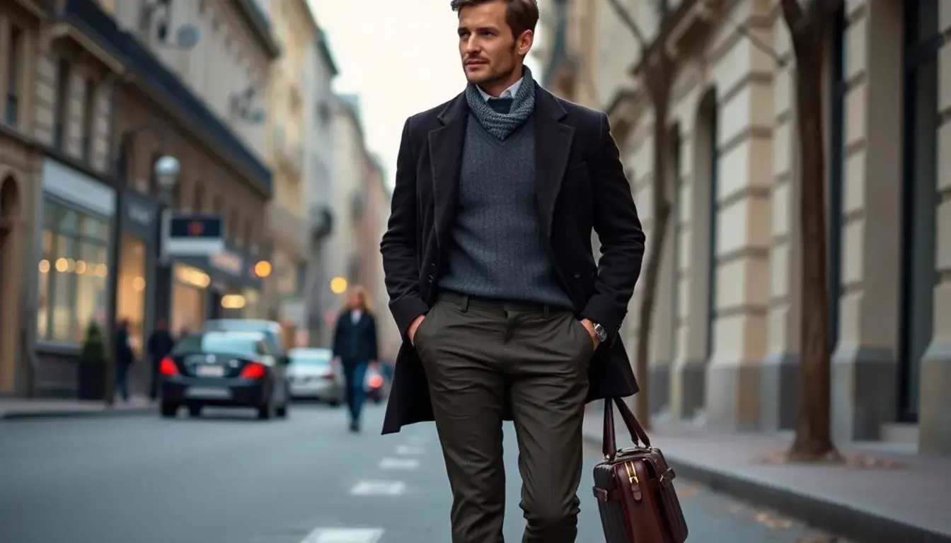 Uomo con pantaloni pelle uomo marroni in un contesto urbano autunnale