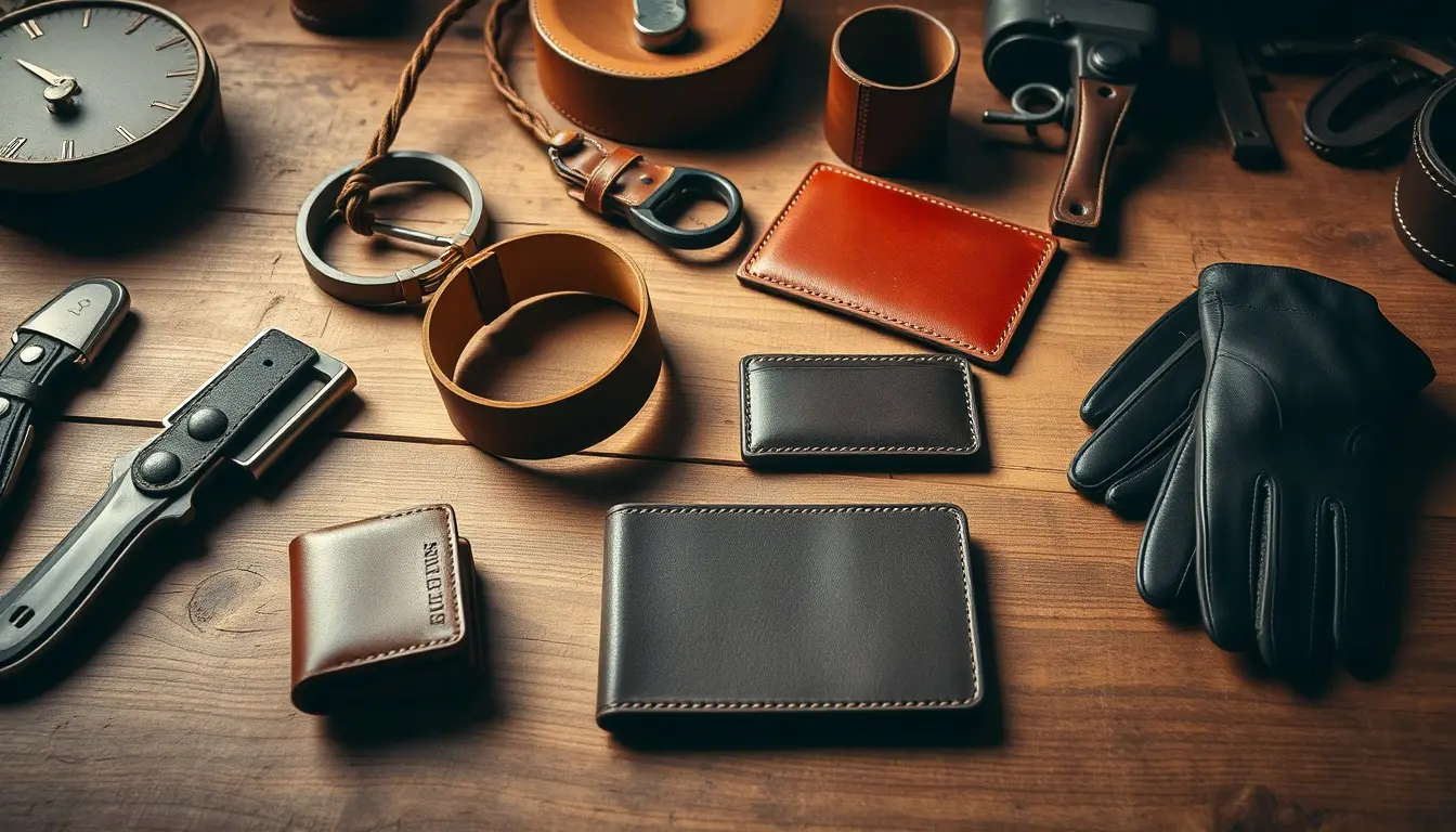 Selezione di accessori in pelle e cuoio di alta qualità su un tavolo di legno artigianale.